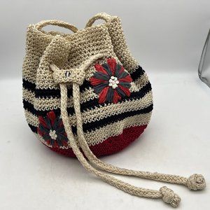 RARE The Sak Crochet Drawstring Cream Red Blue Flowers Bucket Bag Shoulder Purse